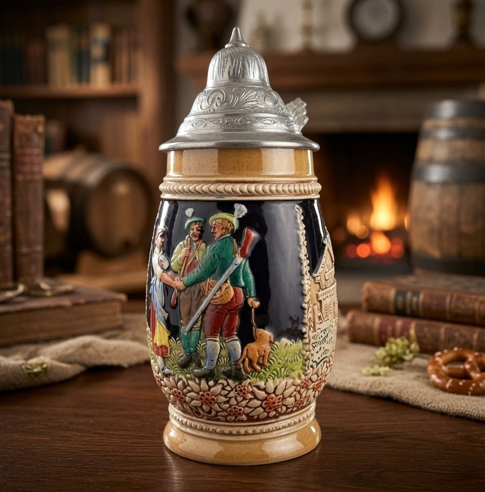 Vintage Authentic German Beer Stein 8.5” Ceramic Tankard with Silver Lid 0.8L VG